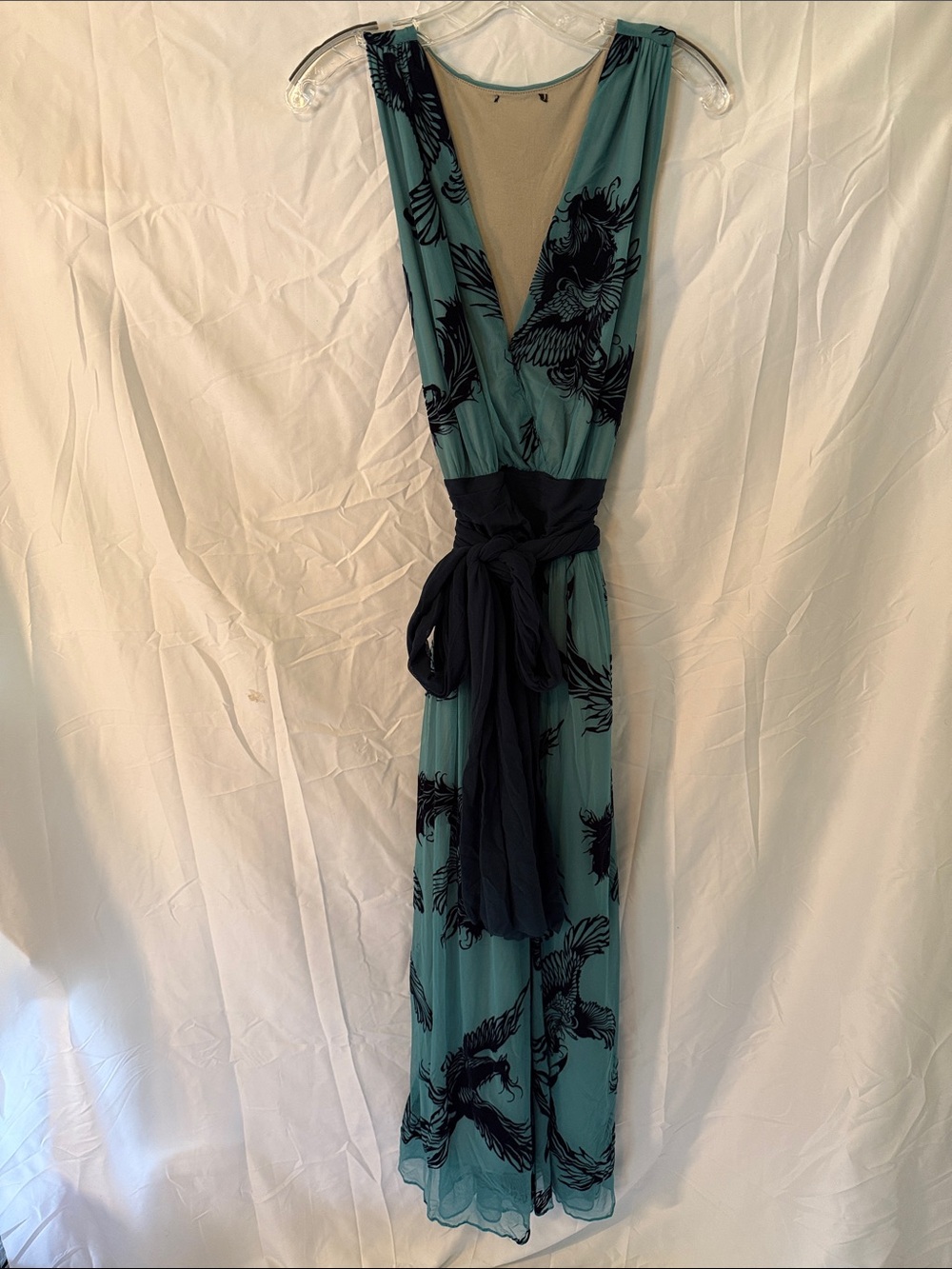 Sleeveless Teal mesh Maxi Dress with Navy velvet burn-out dragons and Sash